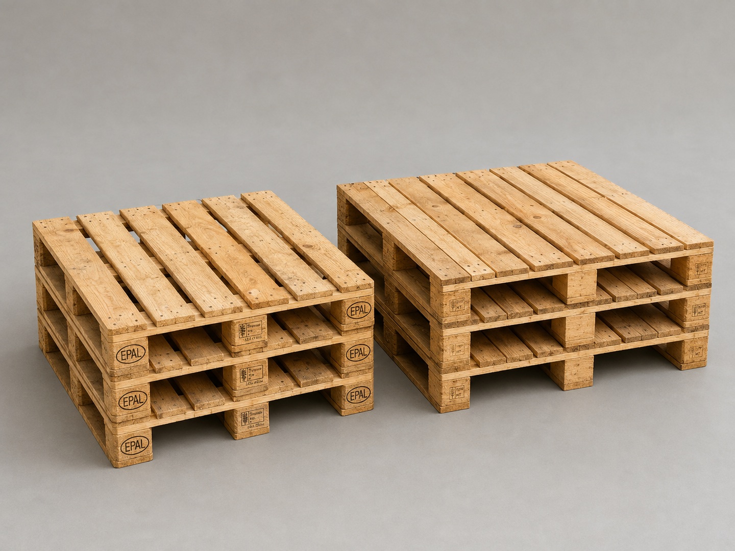 Two stacks of used wooden pallets: EPAL-marked Euro pallets and wider UK standard pallets