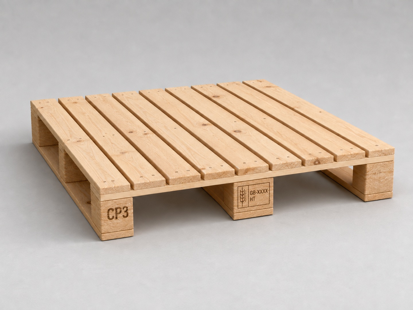 Square CP3 wooden pallet with an illustrative sample IPPC heat-treatment marking