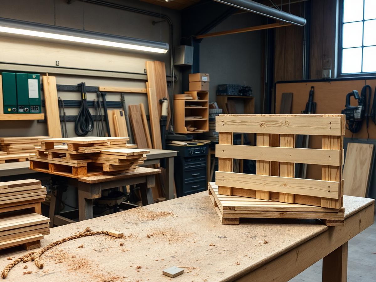 A part-built bespoke wooden pallet on a workshop bench with cut timber