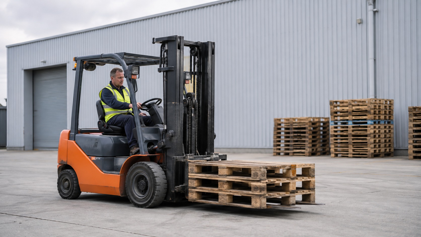 Illustrative forklift operator carrying a short stack of used wooden pallets in an industrial yard