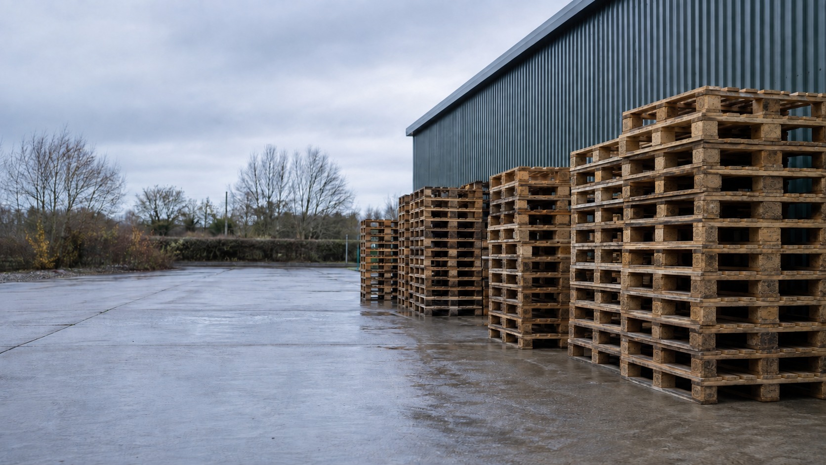 Illustrative pallet yard with orderly stacks of used wooden pallets beside an industrial building